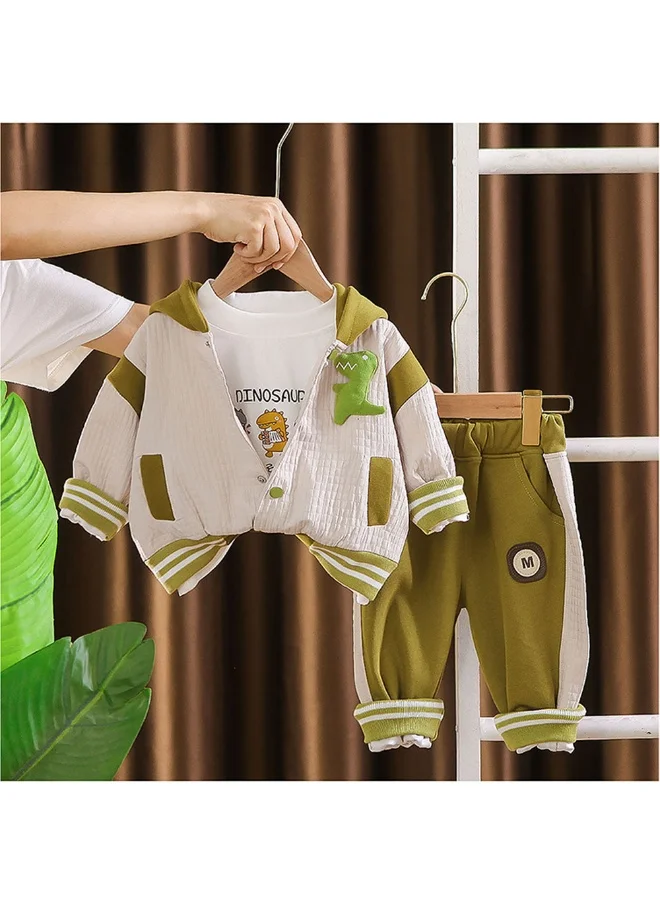 LITTLE SURPRISE BOX Box Green Dino Broach Designed Jacket 3 Pcs Track Suit Set For Toddlers And Kids-2-3Y