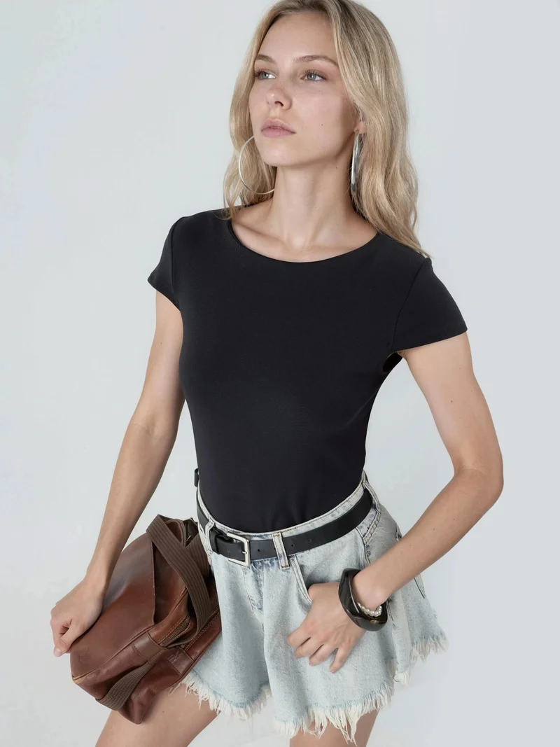 بوسيم BUSEM Crew Neck Short Sleeve Cotton Blend Blouse