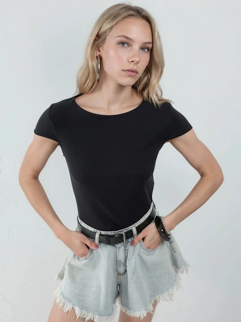 بوسيم BUSEM Crew Neck Short Sleeve Cotton Blend Blouse