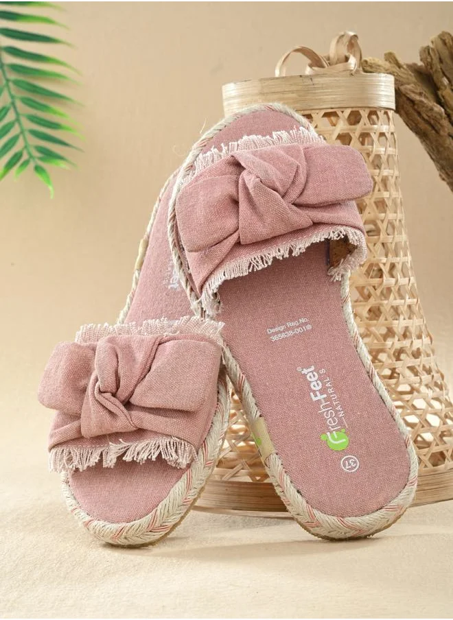 Fresh Feet Frayed Bow Detail Open Toe Flat Sandal by Styli