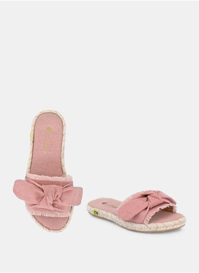 Fresh Feet - Frayed Bow Detail Open Toe Flat Sandal by Styli - Image 1