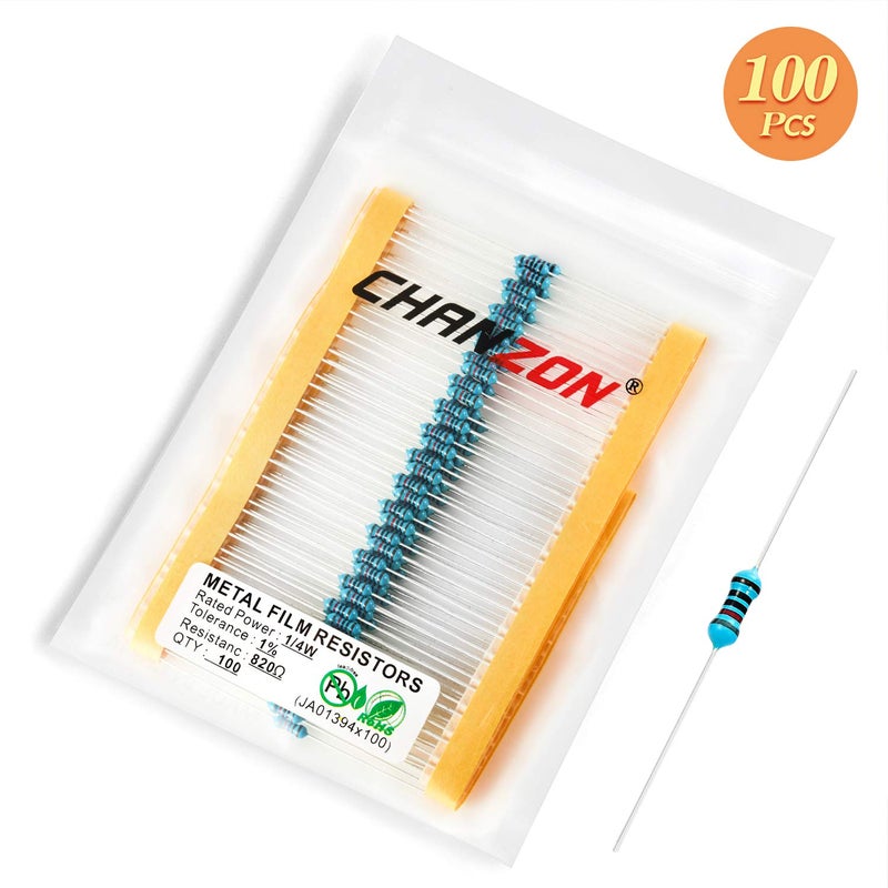 CHANZON 100pcs 1/4W (0.25W) 820 Ω ohm Metal Film Fixed Resistor 0.01 ±1% Tolerance 820R MF Through Hole Resistors Rohs Certificated - Image 5