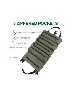 PROMASS 1pcs Roll Up Tool Bag, Multi-Purpose Canvas Tool Roll Canvas Roll Up Pouch with 5 Zipper Pockets Wrench Roll Pouch Multi-Purpose Tool Pouch Roll Tool Organisers for Car Motorcycle  - Image 4