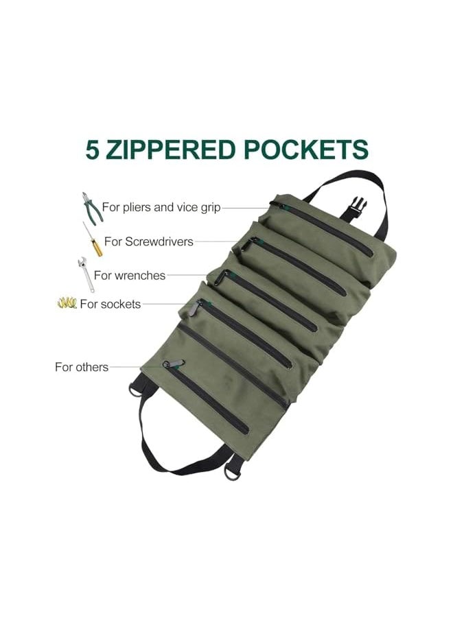 PROMASS - 1pcs Roll Up Tool Bag, Multi-Purpose Canvas Tool Roll Canvas Roll Up Pouch with 5 Zipper Pockets Wrench Roll Pouch Multi-Purpose Tool Pouch Roll Tool Organisers for Car Motorcycle - Image 1