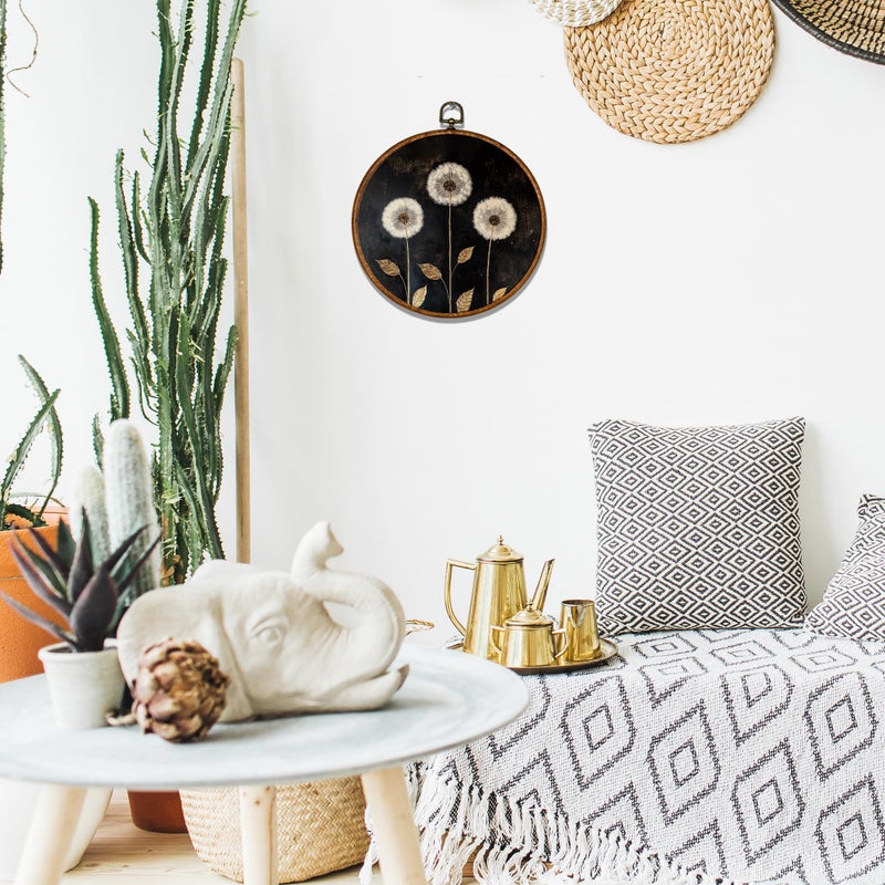 BCUANGD Vintage Dandelion Round Wall Art Decor - Rustic Retro Floral Botanical Wall Art Canvas Frame Artwork Prints, Black Mid Century Modern Round Wall Hanging Decorations for Home Bedroom, 10"x10" - Image 5