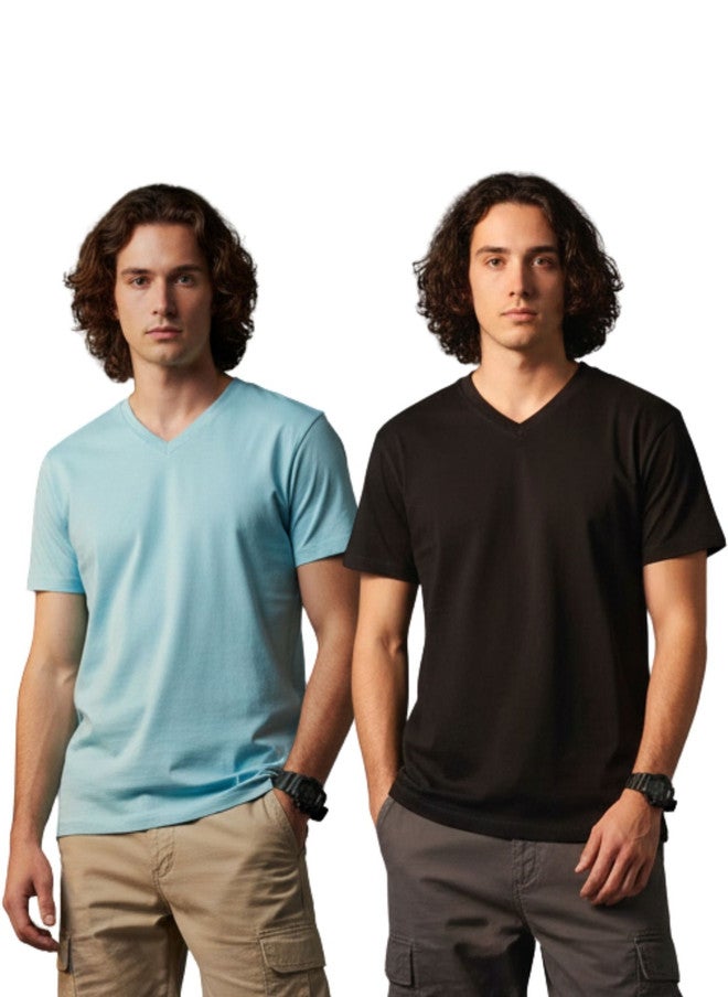 OUTLAWS Men's Pack of 2 V-Neck Regular Fit T-Shirts in Black & Blue | Color Lock Technology | No Shrinkage | Soft, Breathable & Comfortable Daily Wear - Image 1