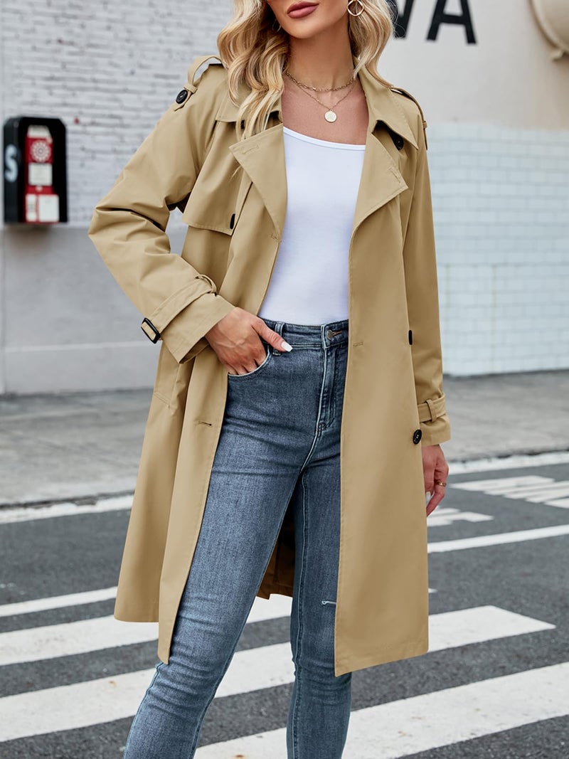 Makkrom Women's Double Breasted Long Trench Coat Windproof Classic Lapel Slim Overcoat with Belt - Image 4