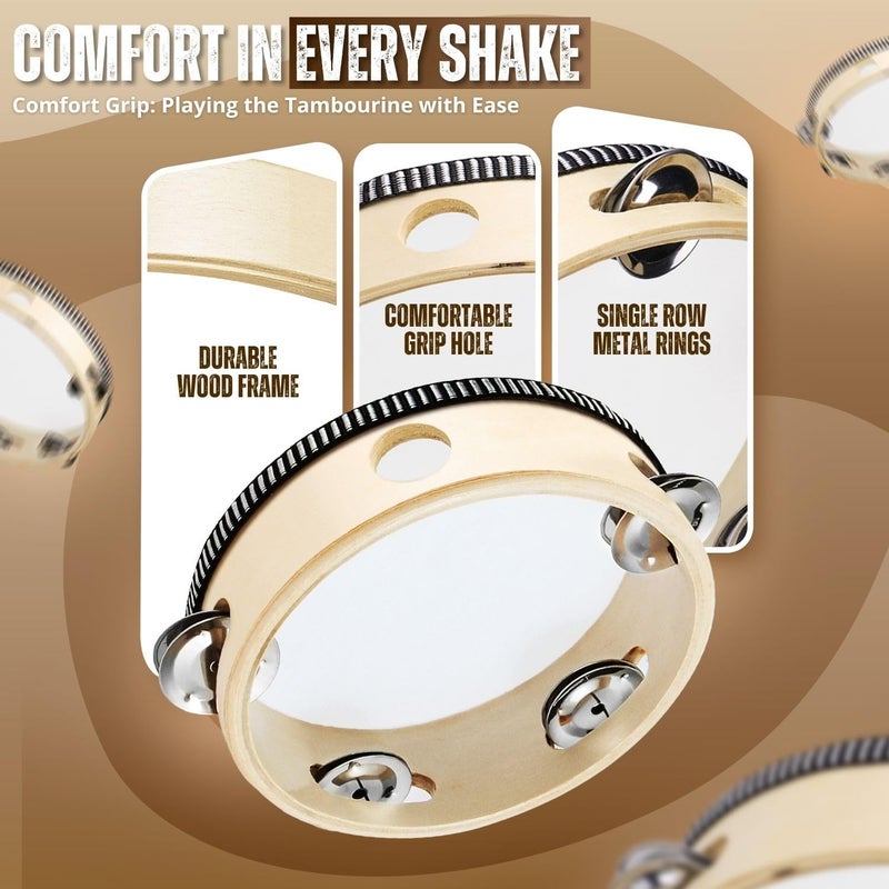 Flexzion Globally trusted quality Tambourine, Hand Drum with Handle, Pack of 2, 20 cm + 15 cm Musical Ring in Moon Shape Made of Wood, Music Percussion Instrument, 1 Row Bell Ring with Metal Jingles, Drums, Beige Hardness boosted processed substance - Image 5