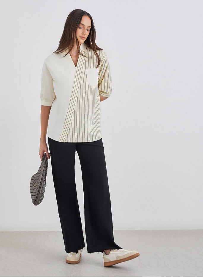 ستايلي قميص نسائي مخطط بيج بياقة ملفوفة - Image 1