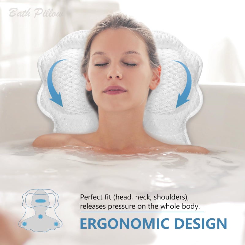SetSail Bath Pillow, Relaxing Bath Pillows for Tub Neck and Back Support Soft 4D Breathable Air Mesh Ergonomic Bathtub Pillow with 6 Strong Suction Cups and Hook Luxury Bathroom Accessories,White - Image 2