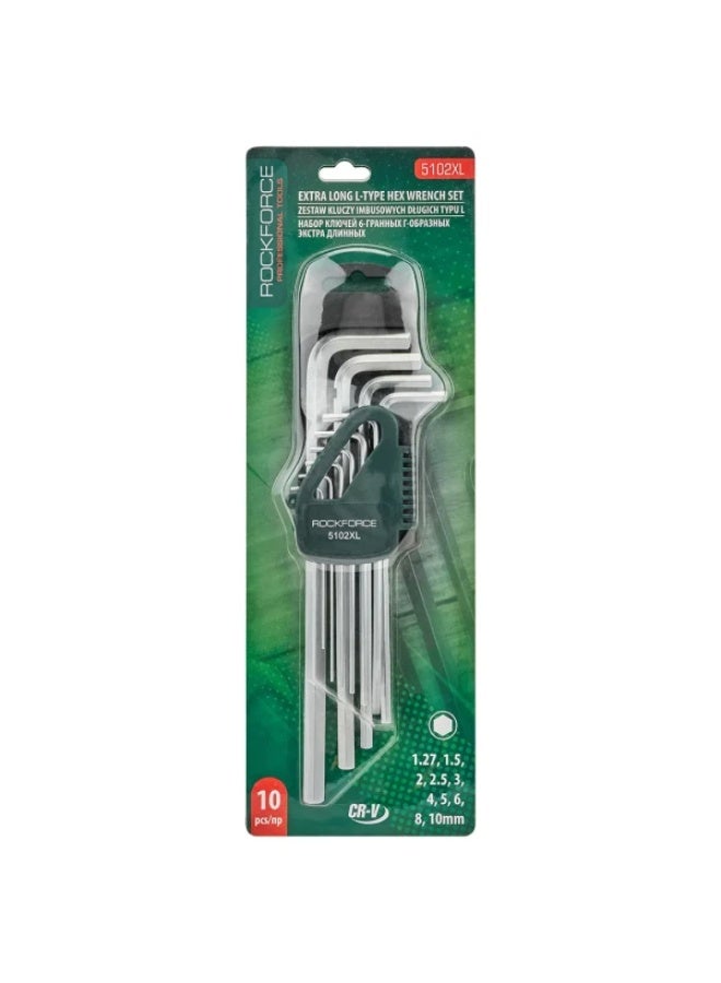 ROCKFORCE Spanner set extra long L-shape 6-point 10pcs (1.27, 1.5, 2, 2.5, 3-6, 8, 10mm)in plastic holder - Image 1