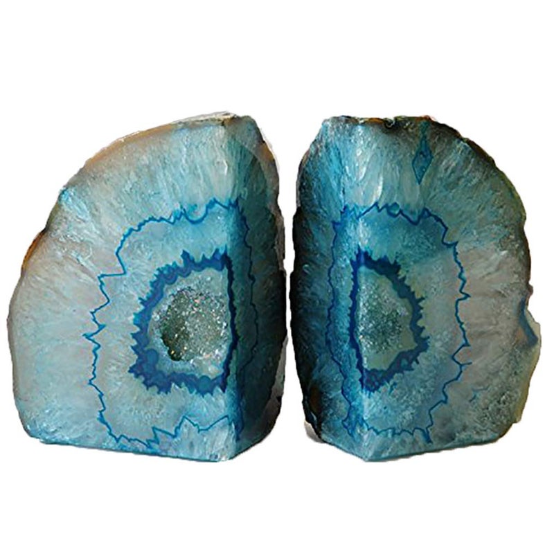 AMOYSTONE Geode Bookends Heavy Duty Agate Large Stone Bookend Decorative Crystal Quartz Book Ends Dyed Teal with Rubber Bumpers1 Pair 68 LBS