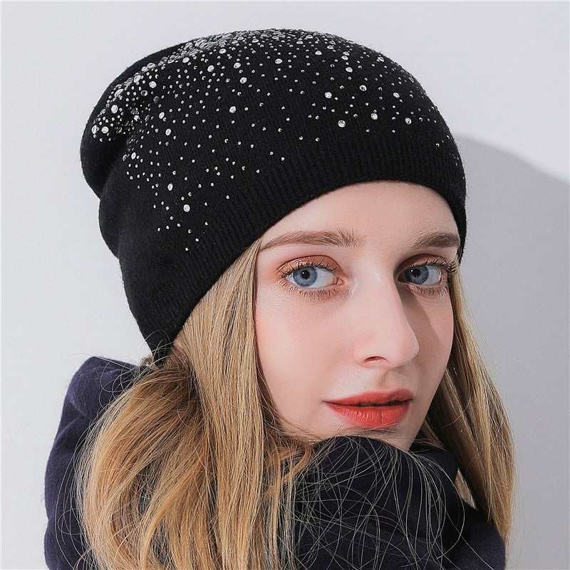 Beanie Women Autumn Winter Hot Drill Starry Sky Cashmere Rabbit Hair Warm Fashion Knitted Hat - Image 2