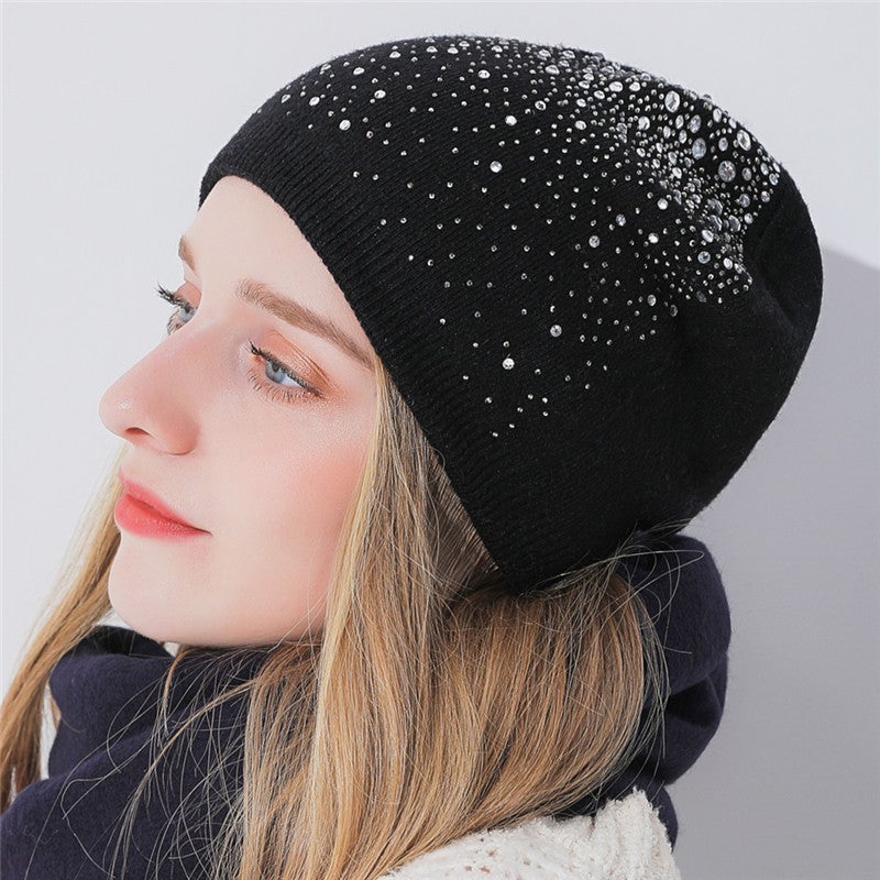 Beanie Women Autumn Winter Hot Drill Starry Sky Cashmere Rabbit Hair Warm Fashion Knitted Hat - Image 3