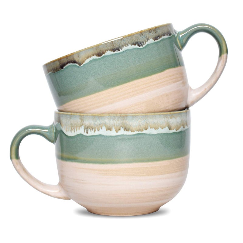 Bosmarlin Large Ceramic Coffee Mug Set of 2 Stoneware Jumbo Latte Mugs for Office and Home 16 Oz Dishwasher and Microwave SafeGreen 2