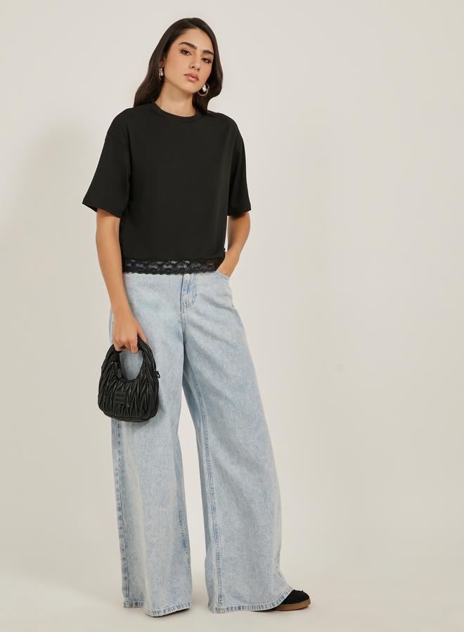 Styli Lace Hem Round Neck Boxy Fit T-Shirt  - Image 2