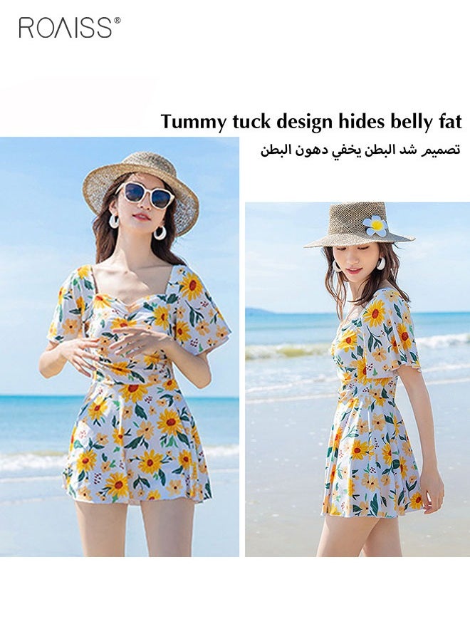roaiss - Women'S Fashion Floral Swimsuit Dress Classic Square Neck Leaf Sleeve Skirt Waist Wrinkle Design A -Line Skirt Built -In Privacy Flat -Angle Shorts - Image 1