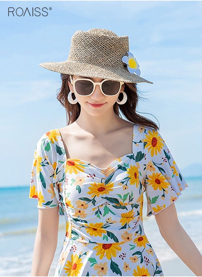roaiss - Women'S Fashion Floral Swimsuit Dress Classic Square Neck Leaf Sleeve Skirt Waist Wrinkle Design A -Line Skirt Built -In Privacy Flat -Angle Shorts - Image 1