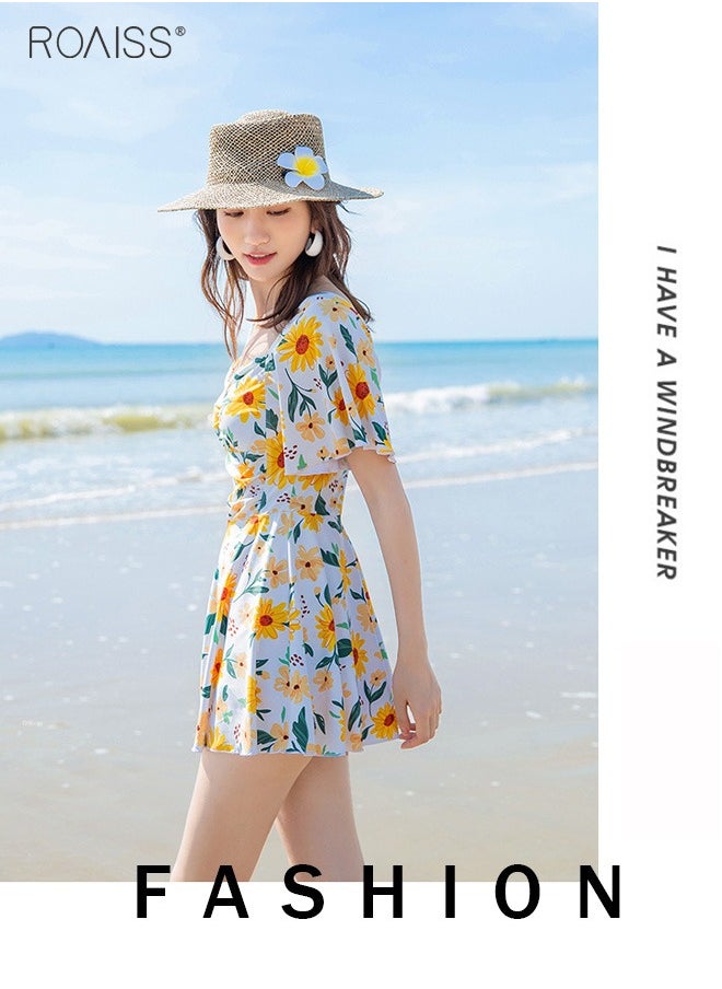 roaiss - Women'S Fashion Floral Swimsuit Dress Classic Square Neck Leaf Sleeve Skirt Waist Wrinkle Design A -Line Skirt Built -In Privacy Flat -Angle Shorts - Image 1
