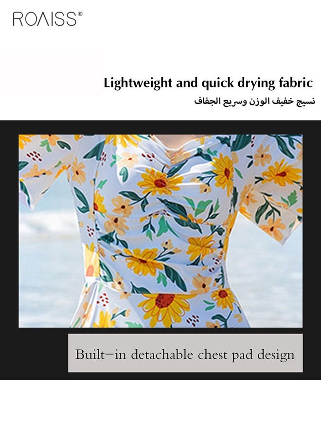 roaiss - Women'S Fashion Floral Swimsuit Dress Classic Square Neck Leaf Sleeve Skirt Waist Wrinkle Design A -Line Skirt Built -In Privacy Flat -Angle Shorts - Image 1