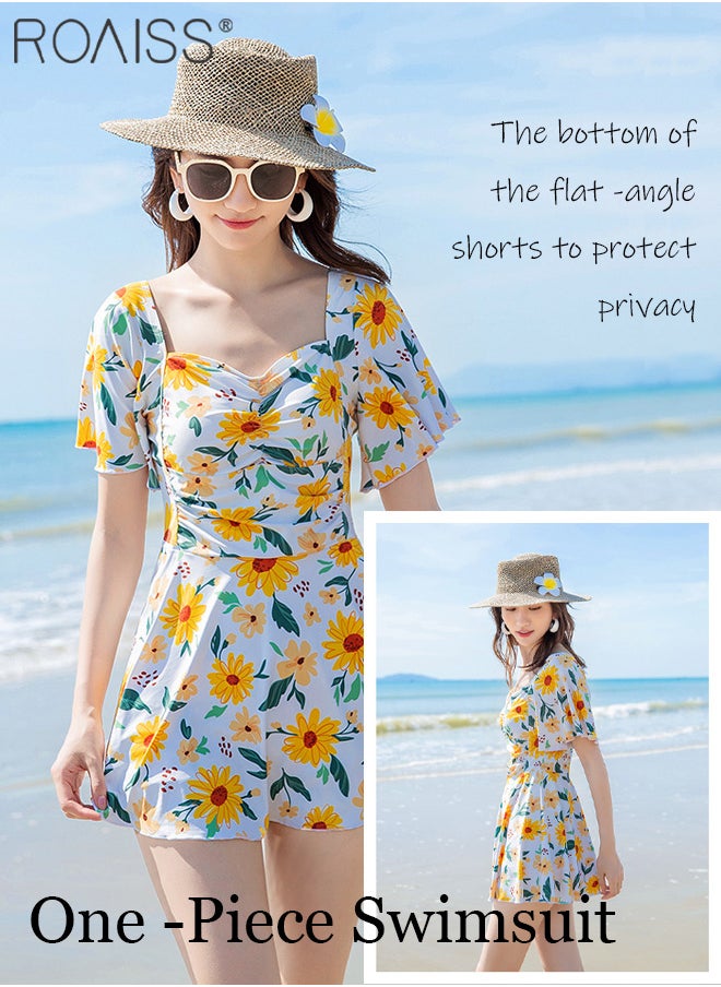 roaiss - Women'S Fashion Floral Swimsuit Dress Classic Square Neck Leaf Sleeve Skirt Waist Wrinkle Design A -Line Skirt Built -In Privacy Flat -Angle Shorts - Image 1