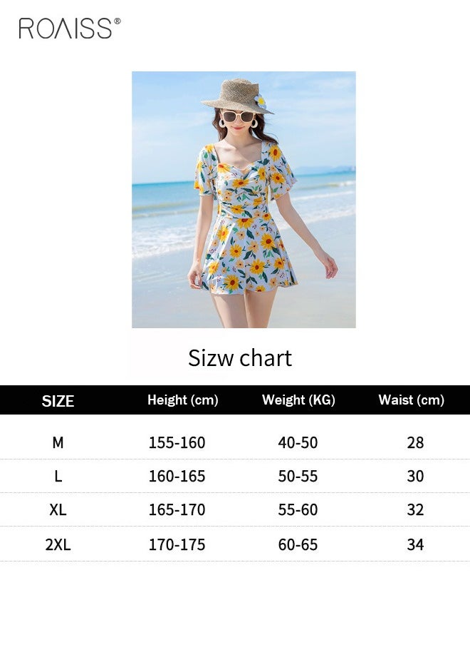 roaiss - Women'S Fashion Floral Swimsuit Dress Classic Square Neck Leaf Sleeve Skirt Waist Wrinkle Design A -Line Skirt Built -In Privacy Flat -Angle Shorts - Image 1