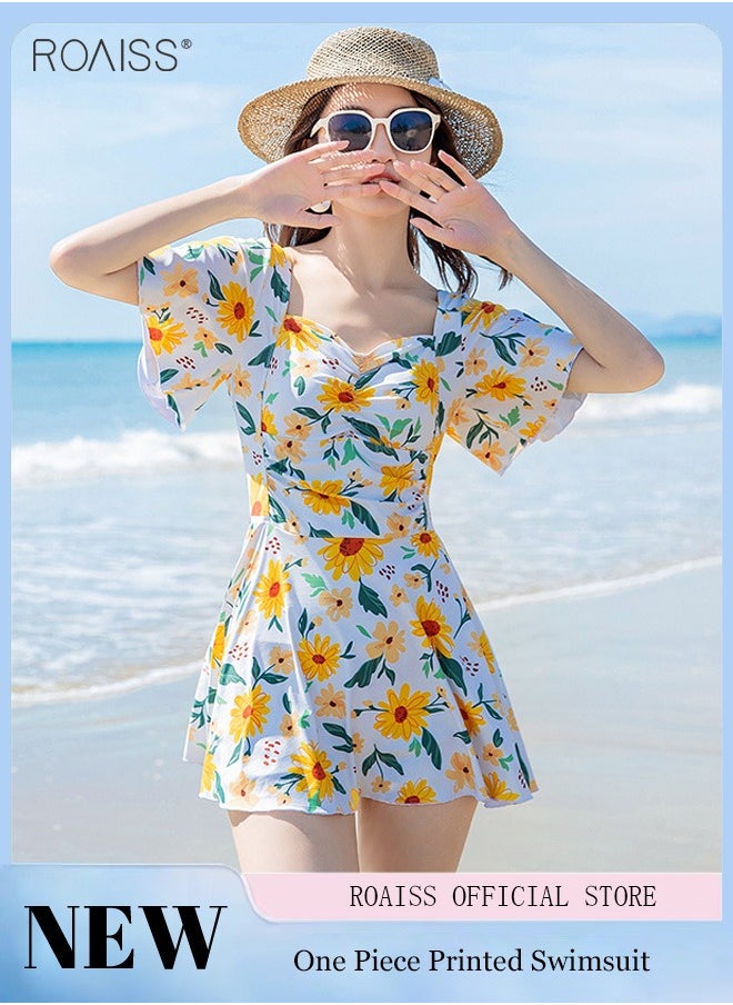 roaiss - Women'S Fashion Floral Swimsuit Dress Classic Square Neck Leaf Sleeve Skirt Waist Wrinkle Design A -Line Skirt Built -In Privacy Flat -Angle Shorts - Image 1