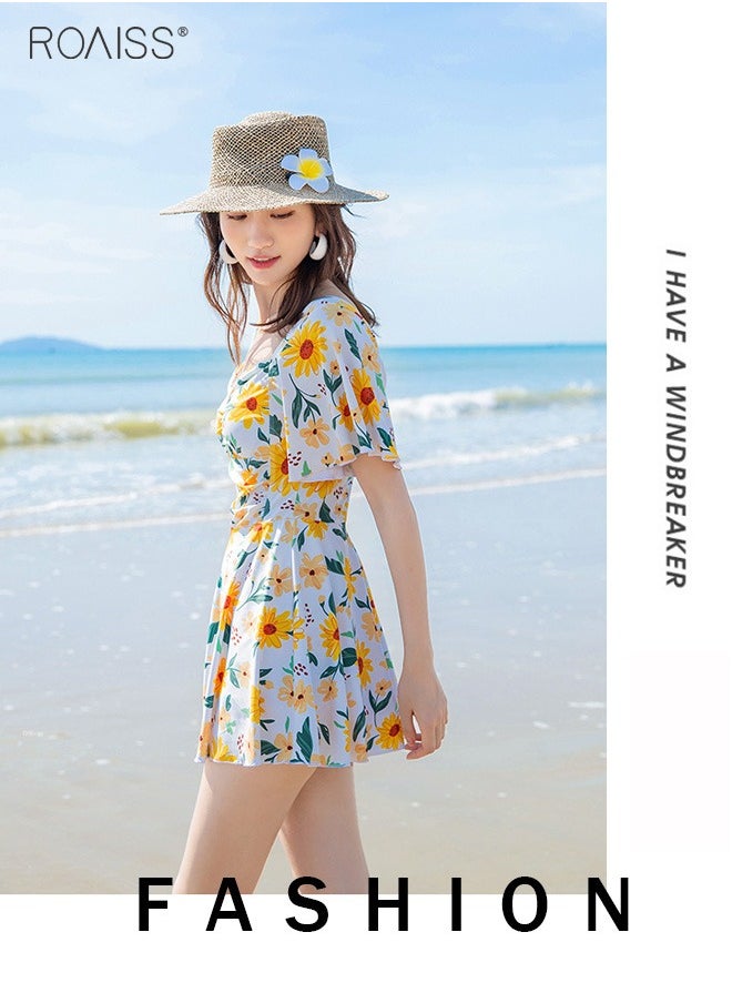 Women'S Fashion Floral Swimsuit Dress Classic Square Neck Leaf Sleeve Skirt Waist Wrinkle Design A -Line Skirt Built -In Privacy Flat -Angle Shorts - pzsku/Z2278E01FAA542D08243BZ/45/_/1703827466/a44bf9fd-f40a-4c72-866f-8088c3179c7f