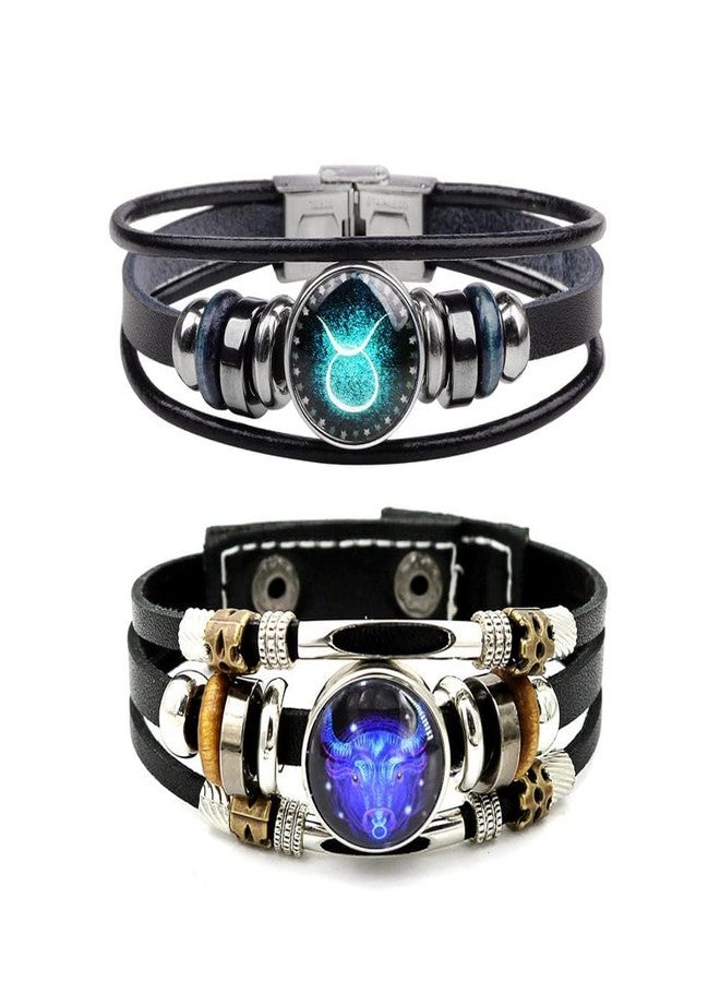 WLL 2Pcs Multilayer Constellation Zodiac Leather Bracelet Handmade Woven Zodiac Sign Wrap Wristband Bracelet Jewelry for Women Men (Taurus1) - Image 1