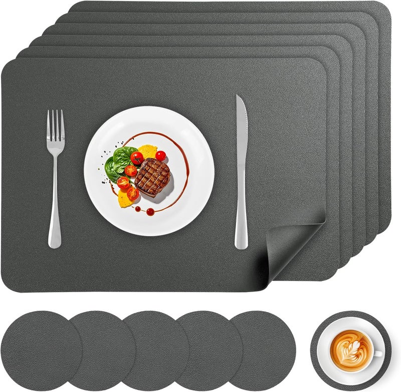 APLKER Faux Leather Placemats Set of 6 Waterproof Table Mats with Coaste | 17×12 In Heat Resistant Place Mats Set of 6 Wipebale & Washable Table Placemats for Kitchen Dining Indoor & Outdoor DeepGray - Image 1