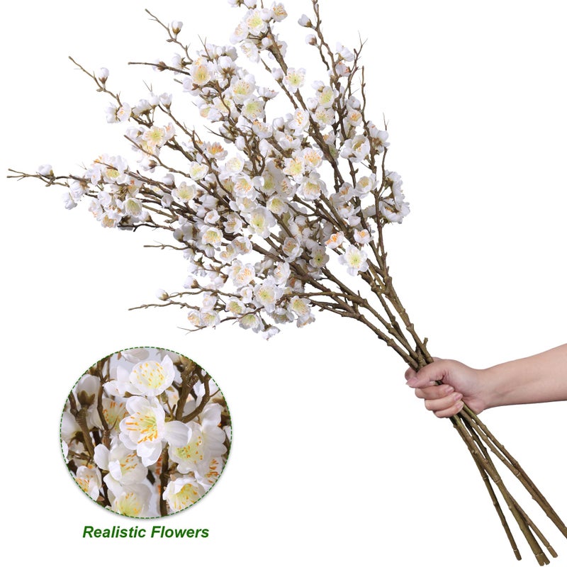 florisso 6 PCS Artificial Cherry Blossom Branches Spring Indoor Decoration, Faux Flowers 34.45" Long Stems Plum Fake Peach Plants Real Touch Silk for Wedding Home Bedroom Party Table Office, White - Image 5