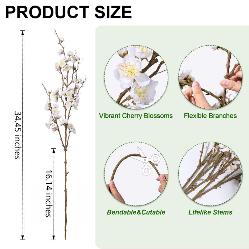 florisso 6 PCS Artificial Cherry Blossom Branches Spring Indoor Decoration, Faux Flowers 34.45" Long Stems Plum Fake Peach Plants Real Touch Silk for Wedding Home Bedroom Party Table Office, White - Image 3