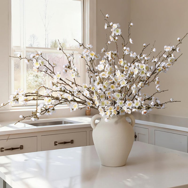 florisso 6 PCS Artificial Cherry Blossom Branches Spring Indoor Decoration, Faux Flowers 34.45" Long Stems Plum Fake Peach Plants Real Touch Silk for Wedding Home Bedroom Party Table Office, White - Image 1