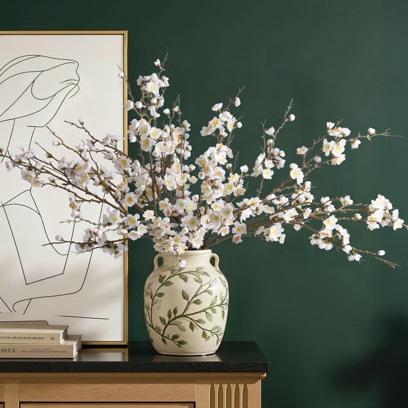 florisso 6 PCS Artificial Cherry Blossom Branches Spring Indoor Decoration, Faux Flowers 34.45" Long Stems Plum Fake Peach Plants Real Touch Silk for Wedding Home Bedroom Party Table Office, White - Image 2