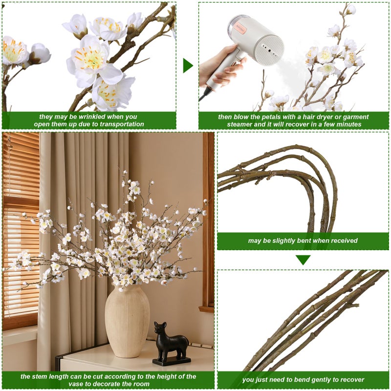 florisso 6 PCS Artificial Cherry Blossom Branches Spring Indoor Decoration, Faux Flowers 34.45" Long Stems Plum Fake Peach Plants Real Touch Silk for Wedding Home Bedroom Party Table Office, White - Image 4