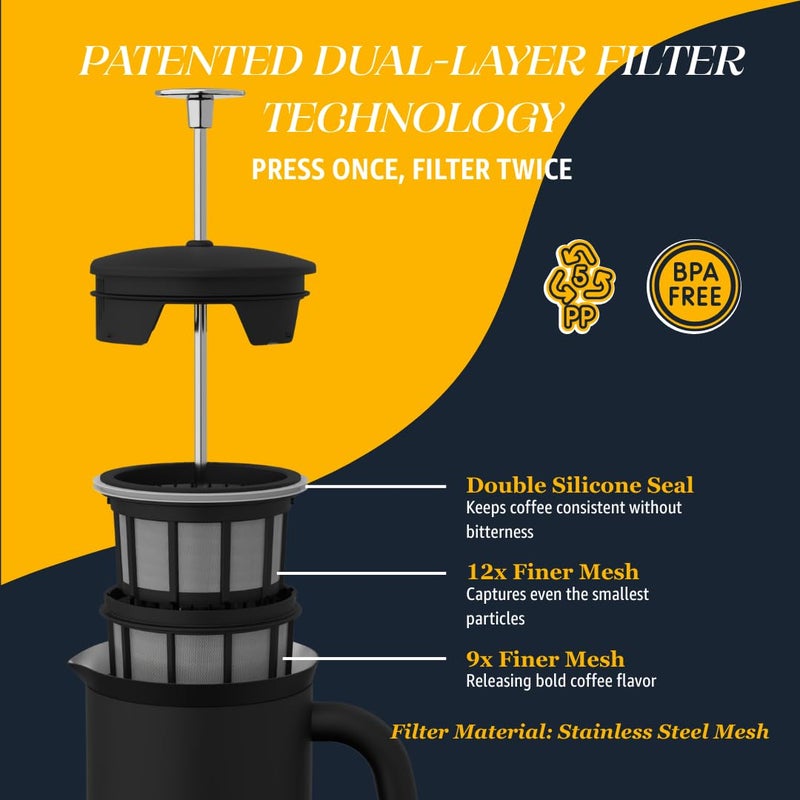 ESPRO P7 French Press Stainless Steel 304 â€“ Patented Double Walled Micro-Filter Insulated French Press Coffee Maker, Grit-Free Brew - Heat Resistant BPA Free Coffee Maker - Matte Black (32oz) - Image 4