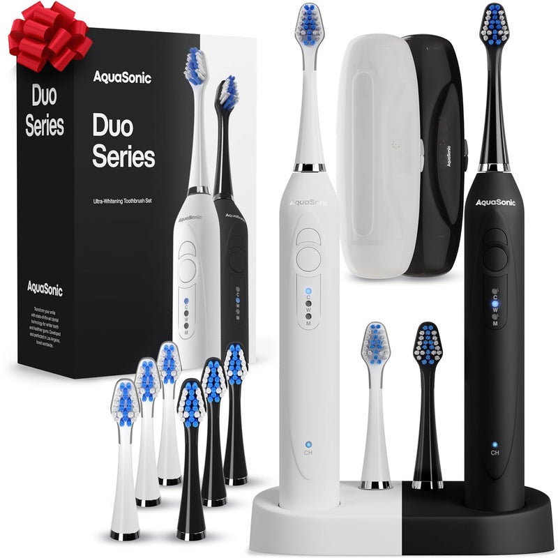 Aquasonic Duo - Dual Handle Ultra Whitening 40,000 VPM Wireless Charging Electric ToothBrushes - 3 Modes with Smart Timers - 10 Dupont Brush Heads & 2 Travel Cases Included - Image 1