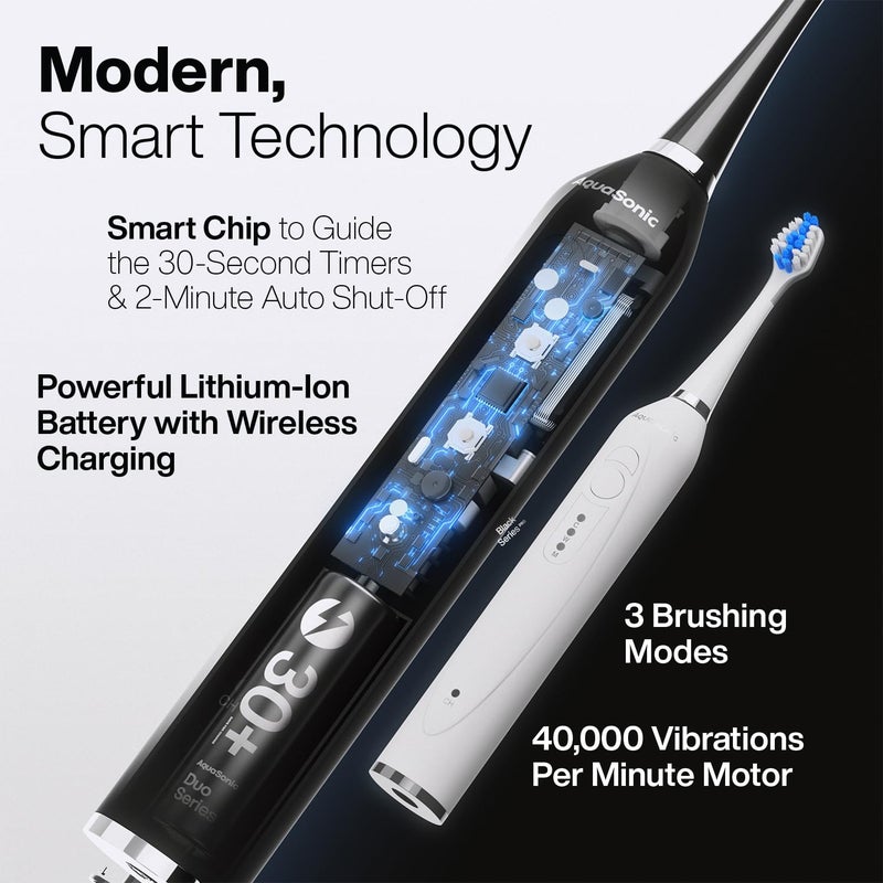Aquasonic Duo - Dual Handle Ultra Whitening 40,000 VPM Wireless Charging Electric ToothBrushes - 3 Modes with Smart Timers - 10 Dupont Brush Heads & 2 Travel Cases Included - Image 2