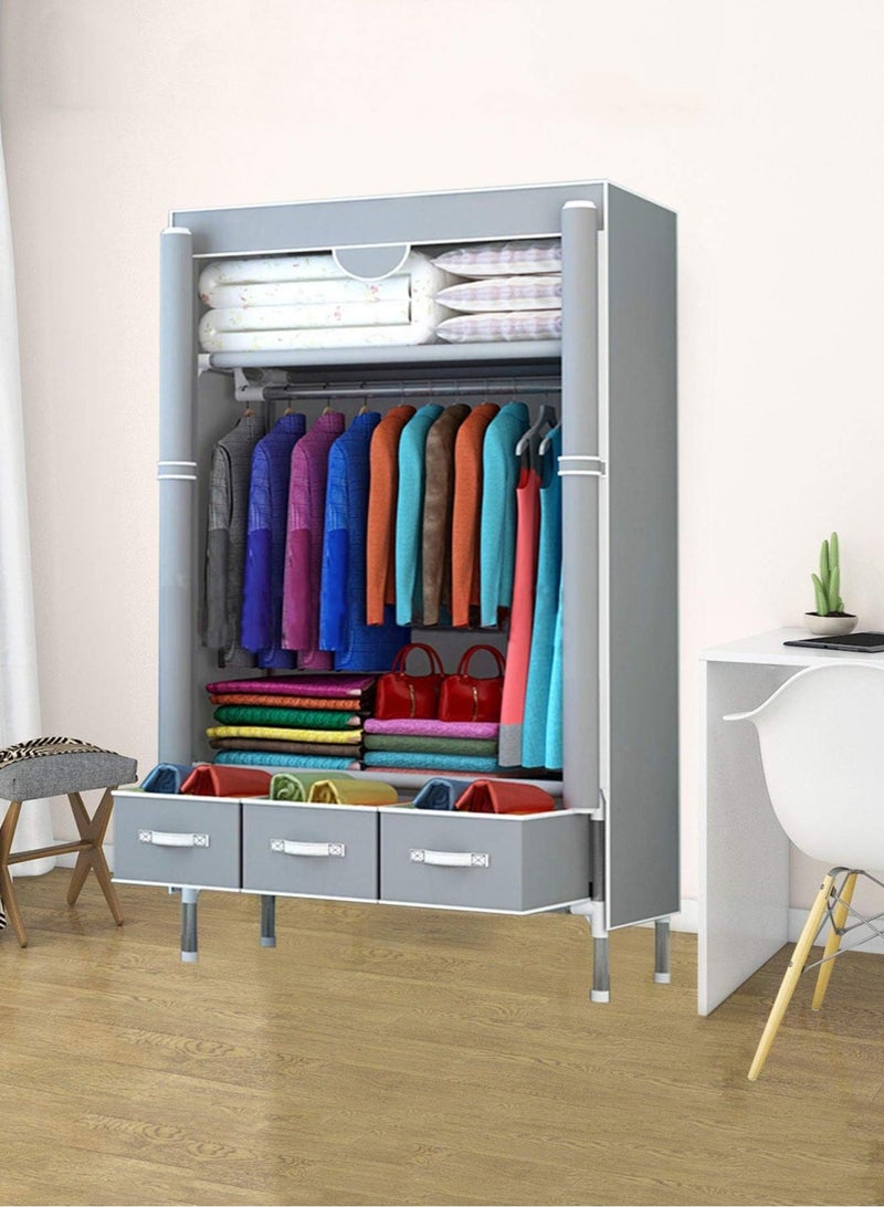 MissTiara Fabric Wardrobe Clothes Storage Closet with Three Drawer Zipper Foldable Non-Woven Cover Hanging Rod Freestanding Canvas Garment Organizer Rack for Bedroom Home - Image 3