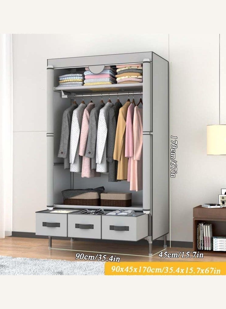 MissTiara Fabric Wardrobe Clothes Storage Closet with Three Drawer Zipper Foldable Non-Woven Cover Hanging Rod Freestanding Canvas Garment Organizer Rack for Bedroom Home - Image 5
