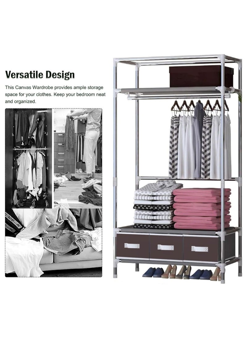 MissTiara Fabric Wardrobe Clothes Storage Closet with Three Drawer Zipper Foldable Non-Woven Cover Hanging Rod Freestanding Canvas Garment Organizer Rack for Bedroom Home - Image 4