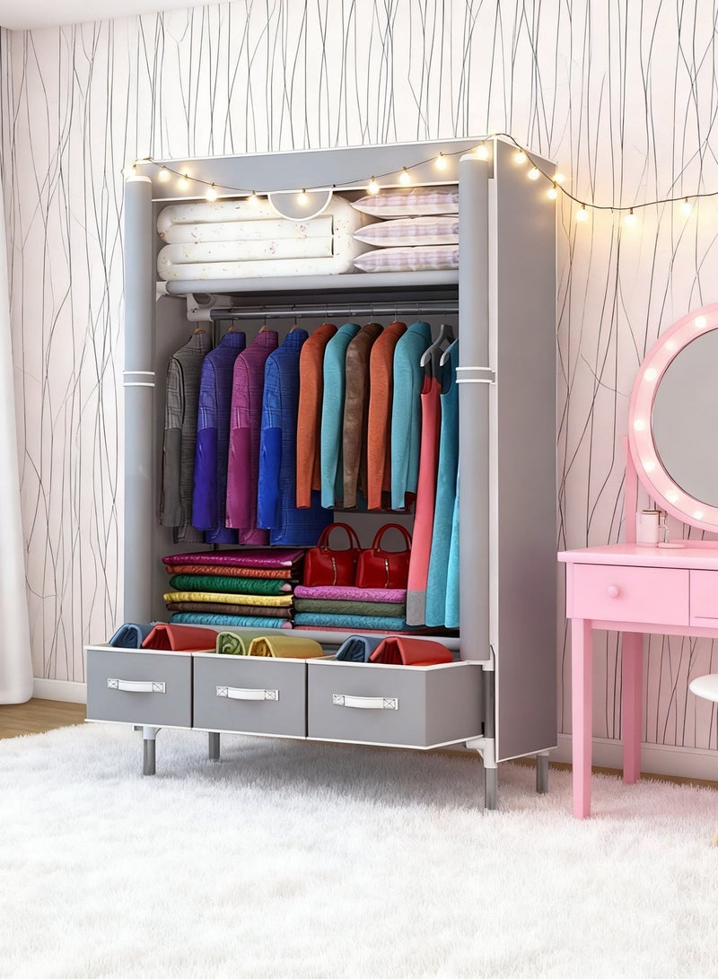 MissTiara Fabric Wardrobe Clothes Storage Closet with Three Drawer Zipper Foldable Non-Woven Cover Hanging Rod Freestanding Canvas Garment Organizer Rack for Bedroom Home - Image 2