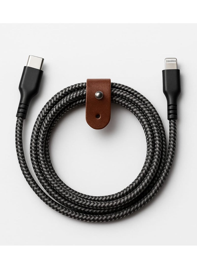 Power Max "Nylon Braided USB-C to Lightning Fast Charging Cable with Leather Strap – Compatible with iPhone/iPad – Durable & Tangle-Free – 1.2m" - Image 1