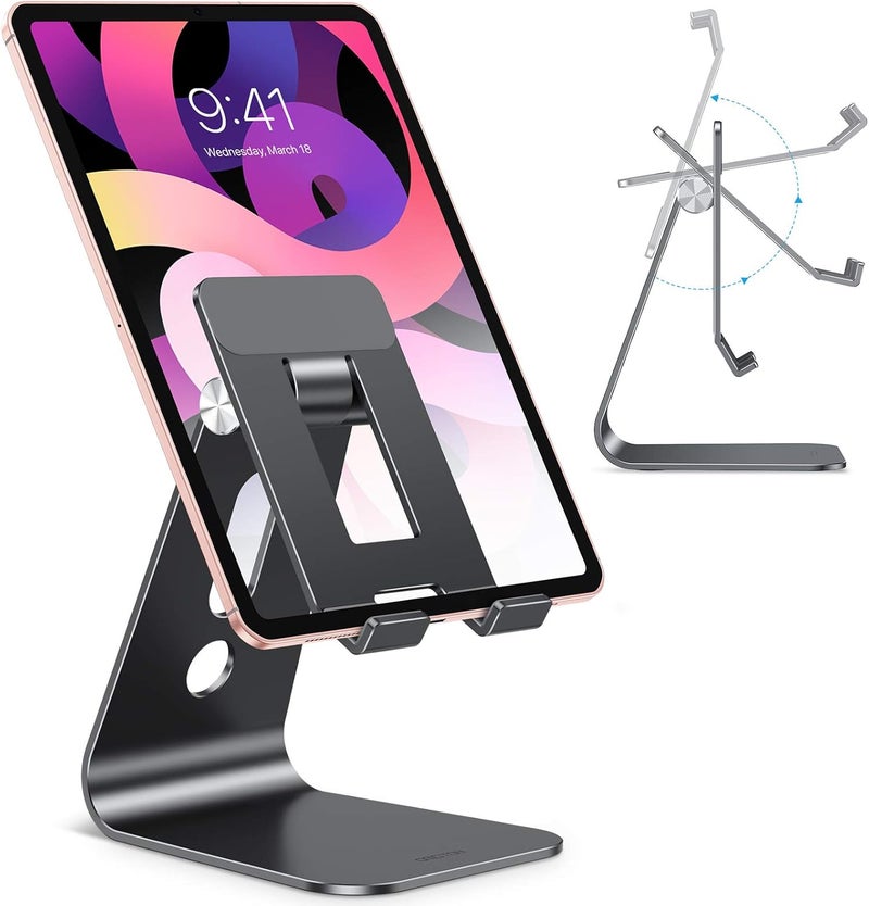 Omoton Adjustable Tablet Stand for Desk, Upgraded Longer Arms for Greater Stability, T2 Tablet Holder with Hollow Design for Bigger Sized Phones and Tablets Such as iPad Pro/Air/Mini, Black - Image 1