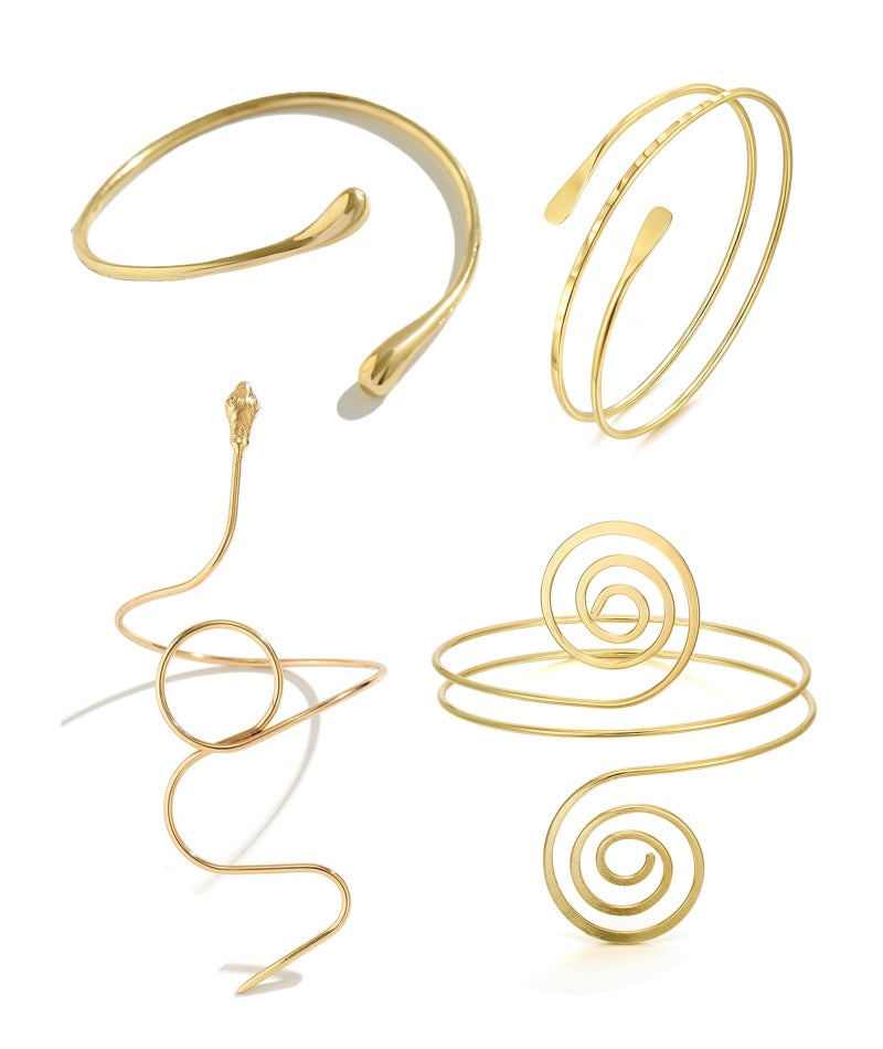 SQUISHCO 4Pcs Arm Cuff Jewellery for Women, Gold Arm Cuff Bracelet for Women with Unique Snake Symbol and Circle Designs, Perfect for Weddings, Parties, and Special Occasions - Image 1