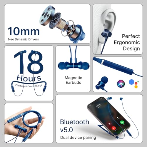 pTron Tangentbeat in Ear Bluetooth Wireless Headphones with Mic, Punchy Bass, 10mm Drivers, Clear Calls, Dual Pairing, Fast Charging, Magnetic Buds, Voice Assist & IPX4 Wireless Neckband (Dark Blue) - Image 2