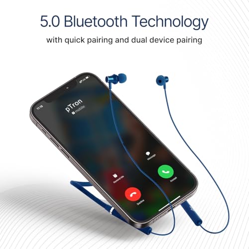 pTron Tangentbeat in Ear Bluetooth Wireless Headphones with Mic, Punchy Bass, 10mm Drivers, Clear Calls, Dual Pairing, Fast Charging, Magnetic Buds, Voice Assist & IPX4 Wireless Neckband (Dark Blue) - Image 5