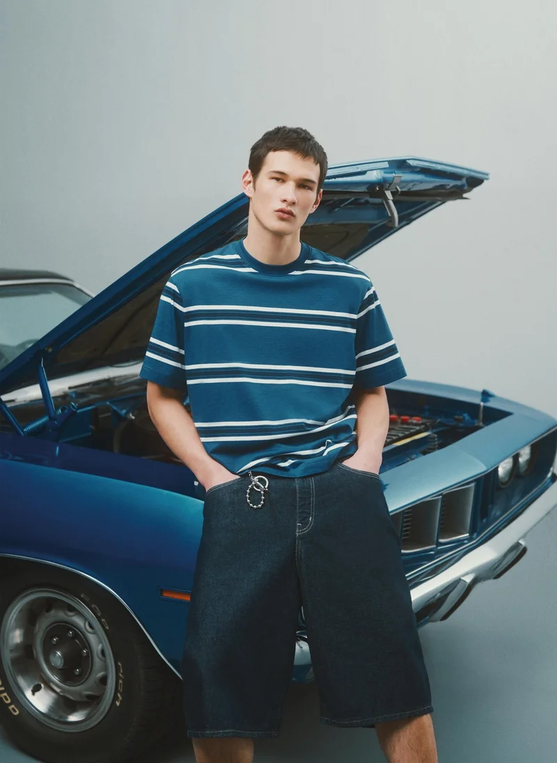 Ovs  OVS Blue Striped Pure Cotton T-Shirt for Men | Best Price UAE