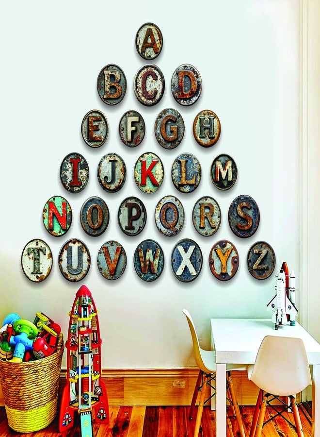 VAAIMAI Antique Round Metal Alphabet Stickers, ABCD for Kids, Boys, Girls, Babies Nursery, Preschool, Classroom, Playroom Decor, Learning Vinyl Wall Stickers - Image 2