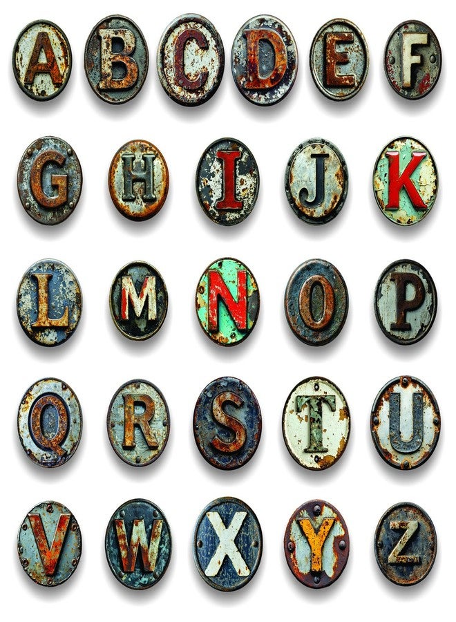 VAAIMAI Antique Round Metal Alphabet Stickers, ABCD for Kids, Boys, Girls, Babies Nursery, Preschool, Classroom, Playroom Decor, Learning Vinyl Wall Stickers - Image 1